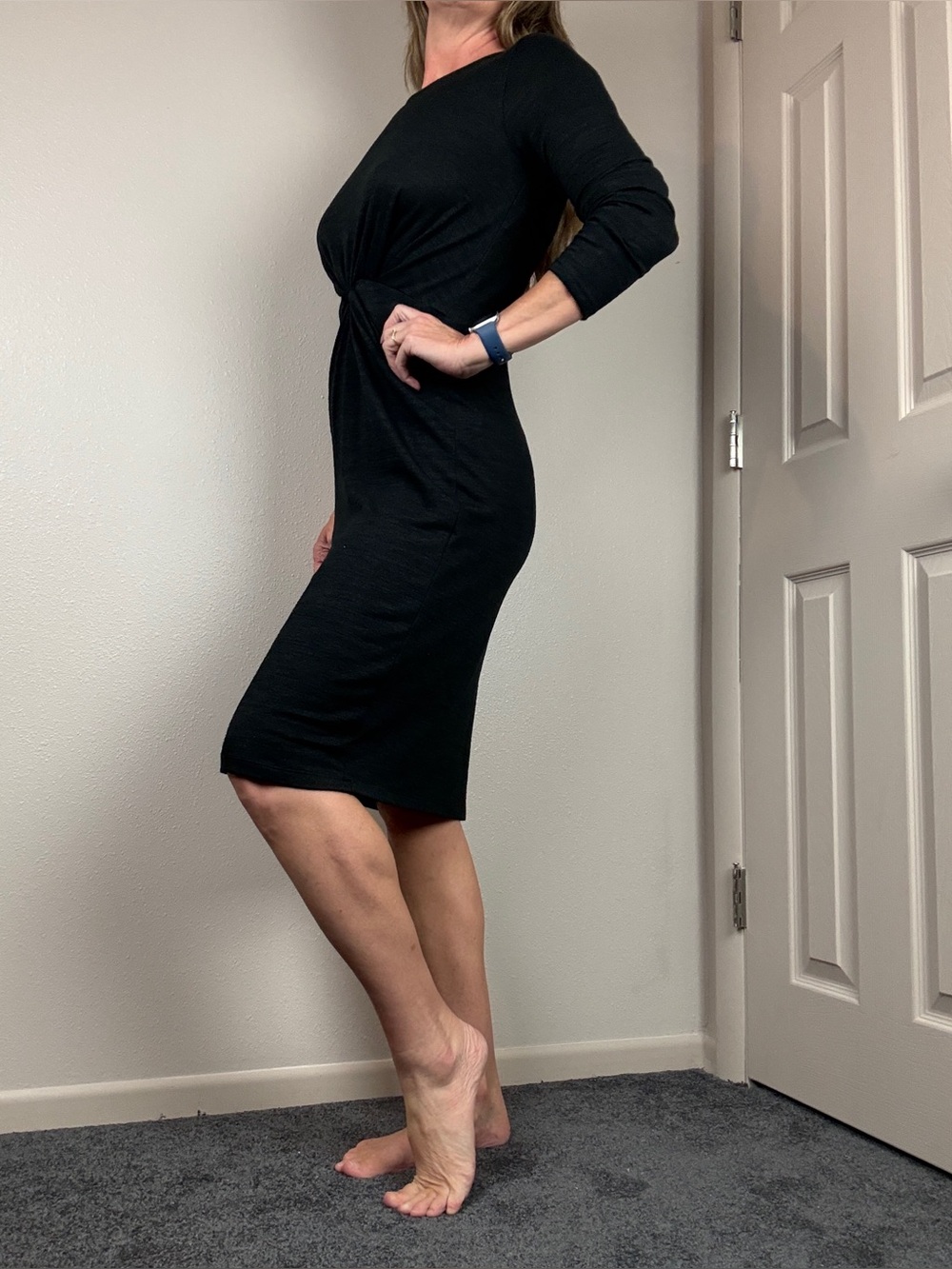 Black Long Sleeve Twist Front Midi Dress